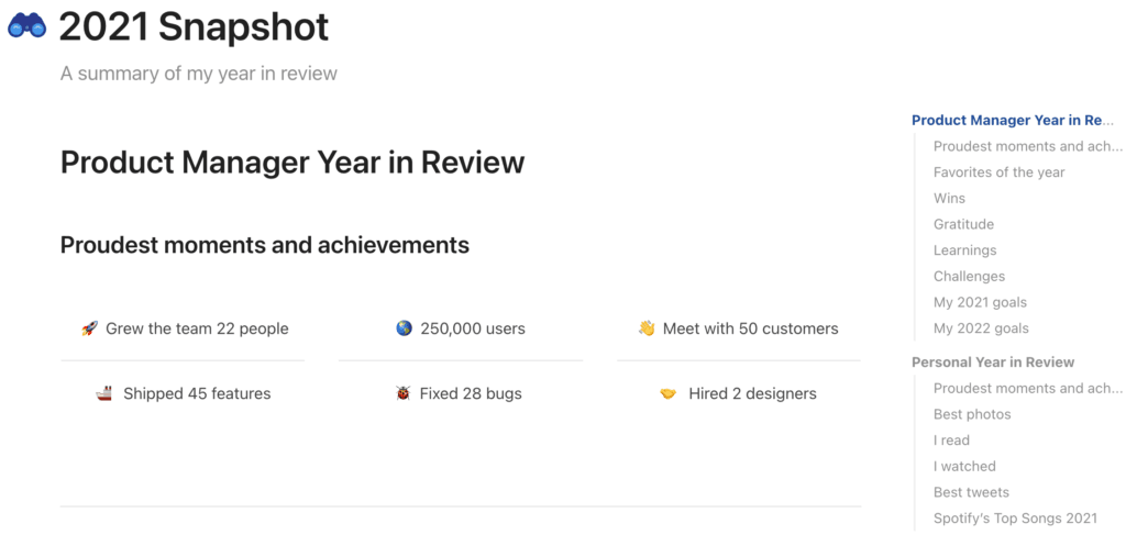 snapshot from Coda template
