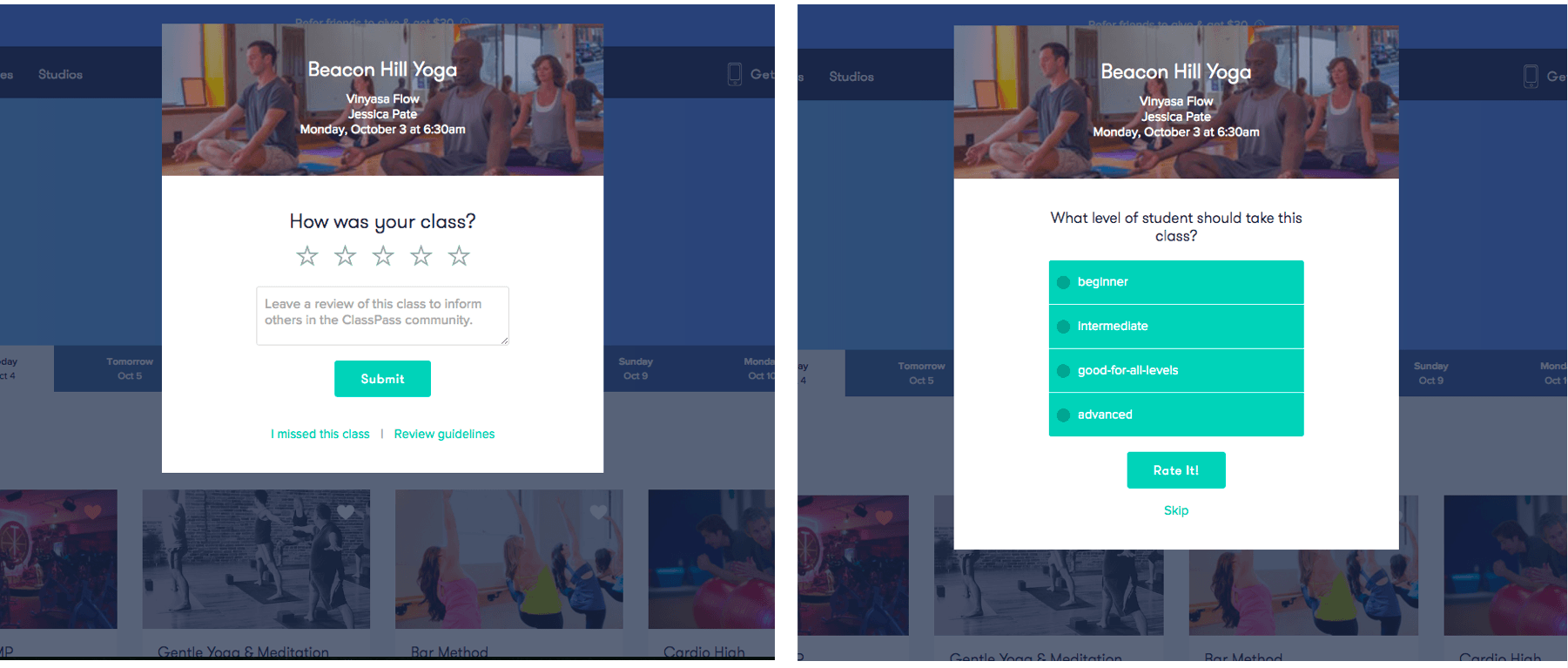Screenshots of ClassPass's feedback modal that asks how hard the class was